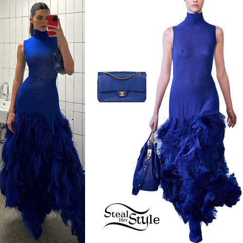 Kendall Jenner: Blue Feather Dress and Bag - Fashnfly