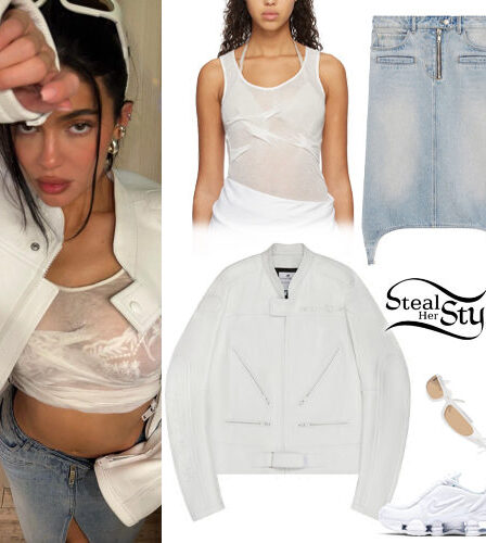 Kylie Jenner: White Jacket, Denim Skirt