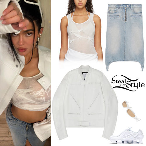 Kylie Jenner: White Jacket, Denim Skirt