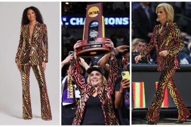 LSU Coach Kim Mulkey wins NCAA Championship in dazzling tiger print suit