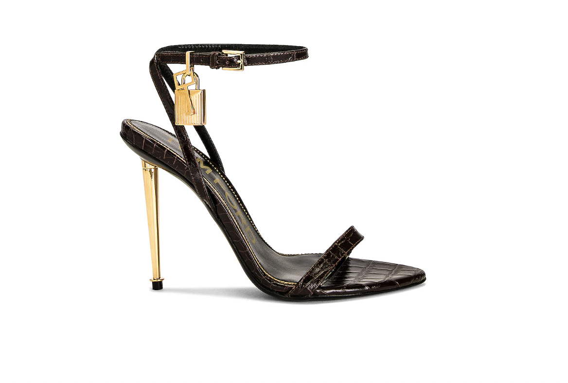 Tom Ford Croc Padlock sandals, gold spike heel, ice pick heels