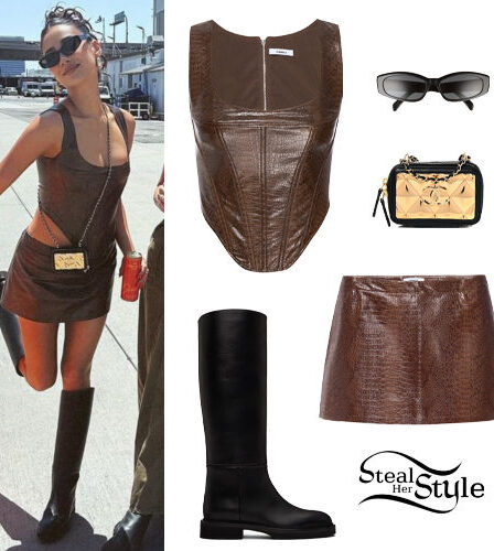 Shay Mitchell: Brown Corset and Mini Skirt