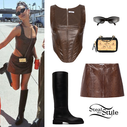 Shay Mitchell: Brown Corset and Mini Skirt