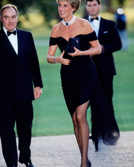 LONDON  JUNE 29  Lord Palumbo greets Princess Diana wearing a short black cocktail dress designed by Christina...