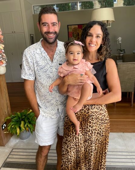 Jonathan, Keren and baby Rae at home in Sydney.