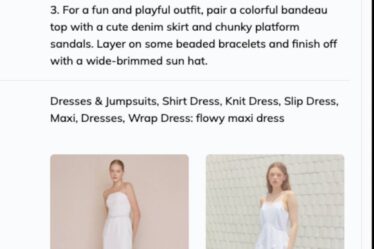 The ChatGPT Fashion Stylist offers three suggestions in text for a Coachella look, including a flowy maxi dress with strappy sandals, a cropped t-shirt with denim shorts and combat boots, and a colourful bandeau top with a denim skirt and platform sandals.