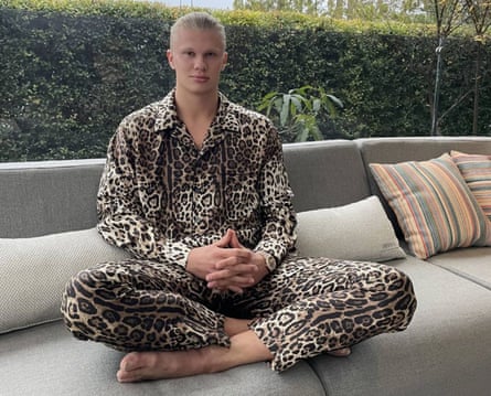 Erling Haaland in leopard-print pyjamas