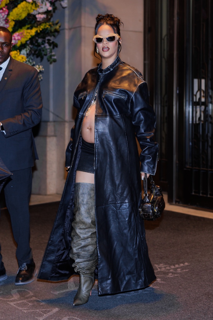 rihanna, asap rocky, nyc, leather coat, thigh high boots, pregnant