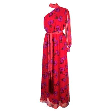 Long flowered dress with one sleeve and attached neck strip