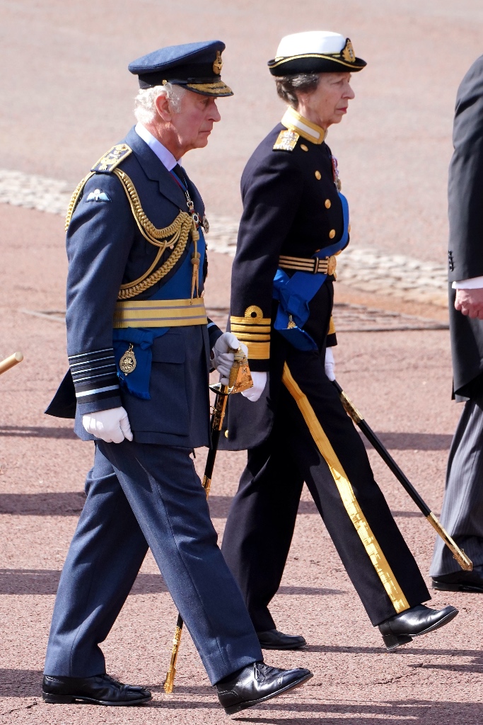 Princess Anne, Queen Elizabeth, Queen Elizabeth II, Queen's funeral, funeral, procession, UK, United Kingdom, royalty, royal family, royal military uniform, military uniform, boots, black boots, leather boots