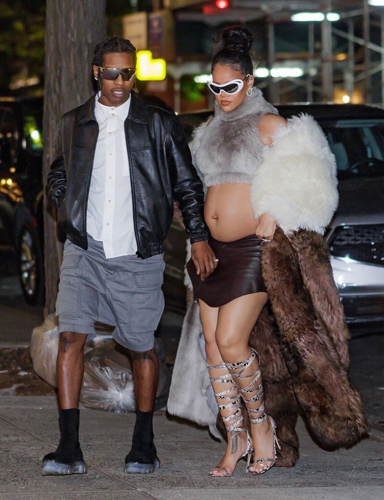 Rihanna and A$asp Rocky step out in street style NYC on May 5, faux fur, loewe coat, chanel glasses, strappy snakeskin Gianvito Rossi sandals, baby bump, pregnant, feet