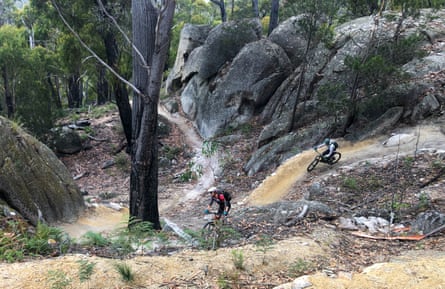 A wide shot of two mountain bikers riding down a dirt path against a forest backdrop.