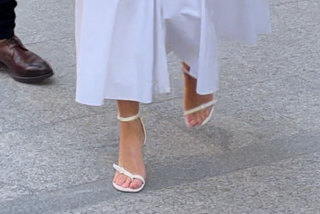 Kylie Jenner, heels, high heels, sandals, white sandals, inverted heels, stiletto heels, heeled sandals, dress, white dress, midi dress, Paris, France