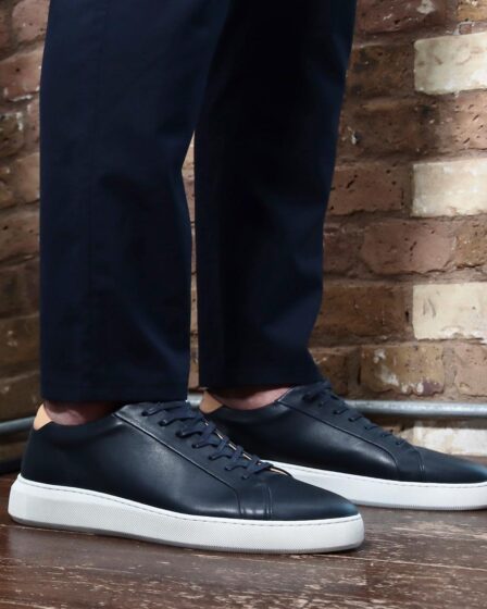 a pair of navy leather sneakers