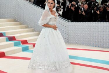 Penélope Cruz in a white dress and a sheer white veil with sparkling details.