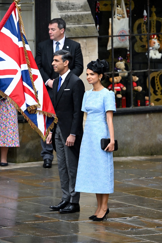 UK prime minister Rishi Sunk and his wife Akshata Murthy attend the Coronation of King Charles III and Queen Camilla at Westminster Abbey on May 6, 2023 in London, England.