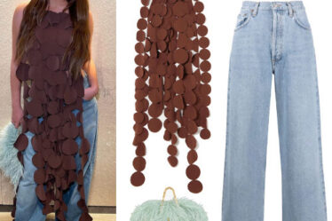 Chrissy Teigen: Brown Dots Top, Oversized Jeans