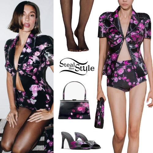 Hailey Baldwin: Black Floral Print Outfit