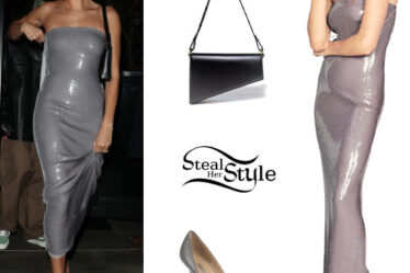 Hailey Baldwin: Grey Sequin Dress and Pumps