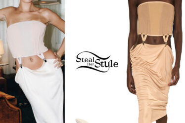 Hailey Baldwin: Suspenders Dress, Strappy Sandals