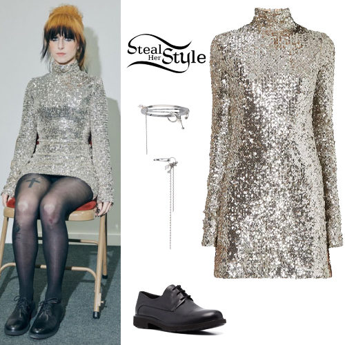 Hayley Williams: Sequin Mini Dress, Black Shoes
