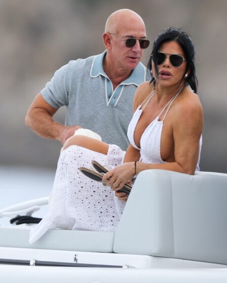 Jeff Bezos and Lauren Sanchez spotted on vacation in Ibiza, white dress, white tom ford thong sandals