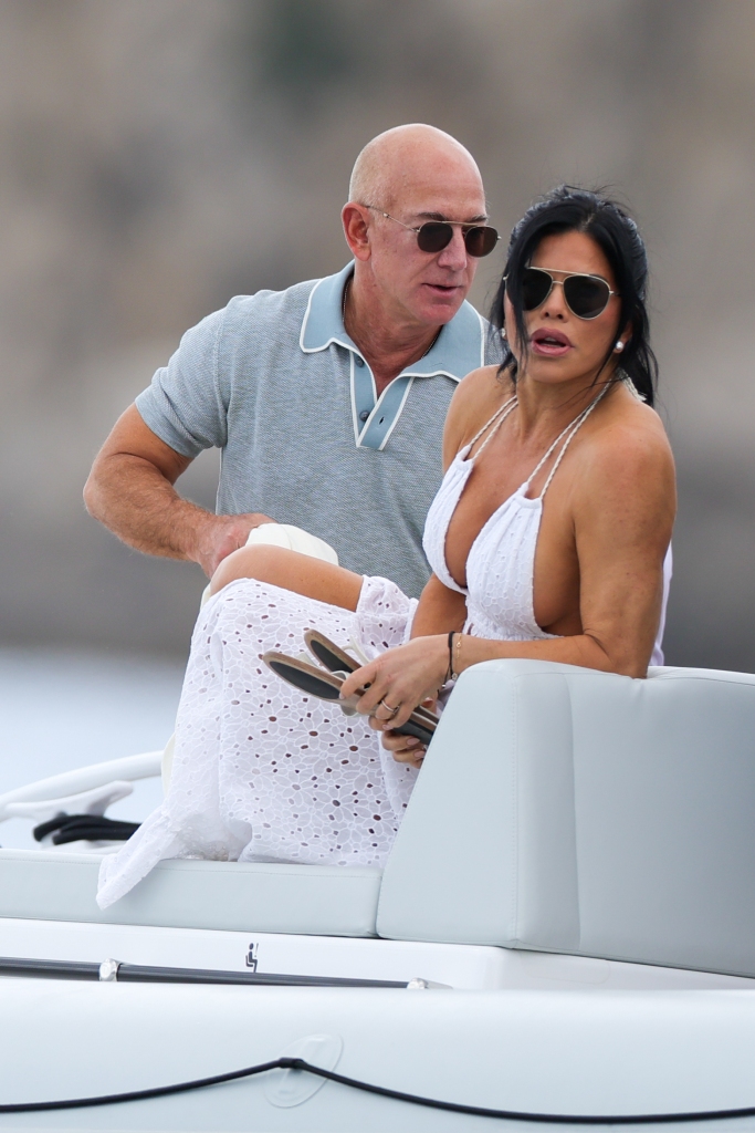 Jeff Bezos and Lauren Sanchez spotted on vacation in Ibiza, white dress, white tom ford thong sandals