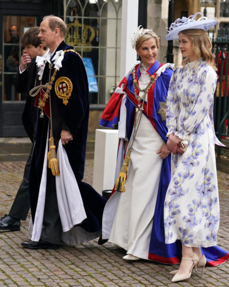 Prince Edward, Duke and Sophie, Duchess of Edinburgh arriving with Lady Louise Windsor and the Earl of Wessex at the Coronation of King Charles III and Queen Camilla on May 6, 2023.