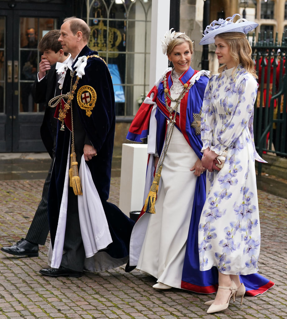 Prince Edward, Duke and Sophie, Duchess of Edinburgh arriving with Lady Louise Windsor and the Earl of Wessex at the Coronation of King Charles III and Queen Camilla on May 6, 2023.