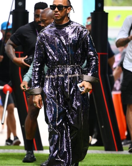 Lewis Hamilton of Great Britain and Mercedes walks in the Paddock prior to the F1 Grand Prix of Miami at Miami International Autodrome on May 07, 2023 in Miami, Florida.