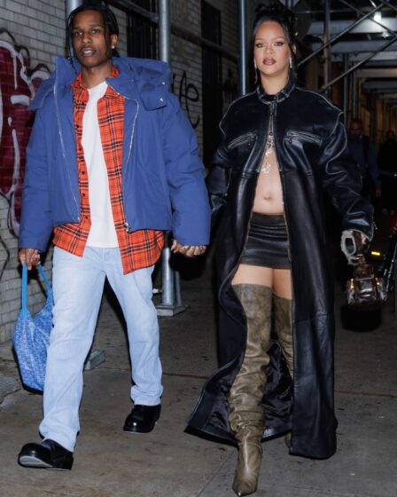 rihanna, asap rocky, nyc, leather coat, thigh high boots, pregnant, jeans, flannel
