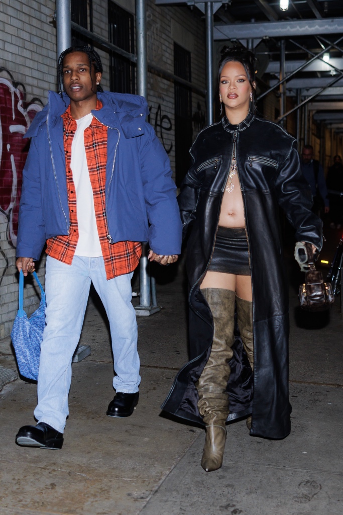 rihanna, asap rocky, nyc, leather coat, thigh high boots, pregnant, jeans, flannel