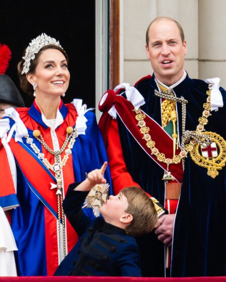 LONDON ENGLAND  MAY 06 Catherine Princess of Wales Prince Louis of Wales and Prince William Prince of Wales on the...