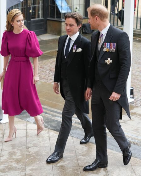 LONDON, ENGLAND - MAY 06: Prince Harry arrives with Princess Beatrice and Edoardo Mapelli Mozzi ahead of the Coronation of King Charles III and Queen Camilla on May 6, 2023 in London, England. The Coronation of Charles III and his wife, Camilla, as King and Queen of the United Kingdom of Great Britain and Northern Ireland, and the other Commonwealth realms takes place at Westminster Abbey today. Charles acceded to the throne on 8 September 2022, upon the death of his mother, Elizabeth II. (Photo by Dan Charity - WPA Pool/Getty Images)