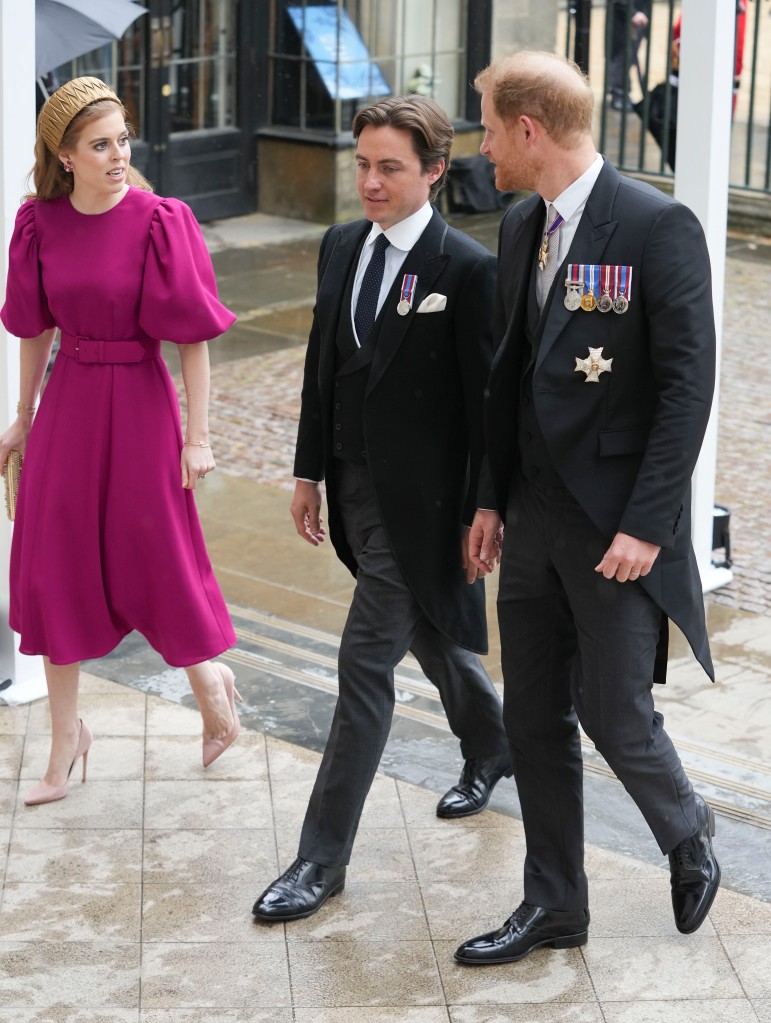 LONDON, ENGLAND - MAY 06: Prince Harry arrives with Princess Beatrice and Edoardo Mapelli Mozzi ahead of the Coronation of King Charles III and Queen Camilla on May 6, 2023 in London, England. The Coronation of Charles III and his wife, Camilla, as King and Queen of the United Kingdom of Great Britain and Northern Ireland, and the other Commonwealth realms takes place at Westminster Abbey today. Charles acceded to the throne on 8 September 2022, upon the death of his mother, Elizabeth II. (Photo by Dan Charity - WPA Pool/Getty Images)