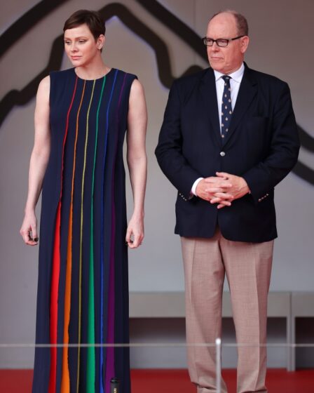 MONTE-CARLO, MONACO - MAY 28: Prince Albert of Monaco and Princess Charlene of Monaco are seen on the podium during the F1 Grand Prix of Monaco at Circuit de Monaco on May 28, 2023 in Monte-Carlo, Monaco. (Photo by Ryan Pierse/Getty Images)