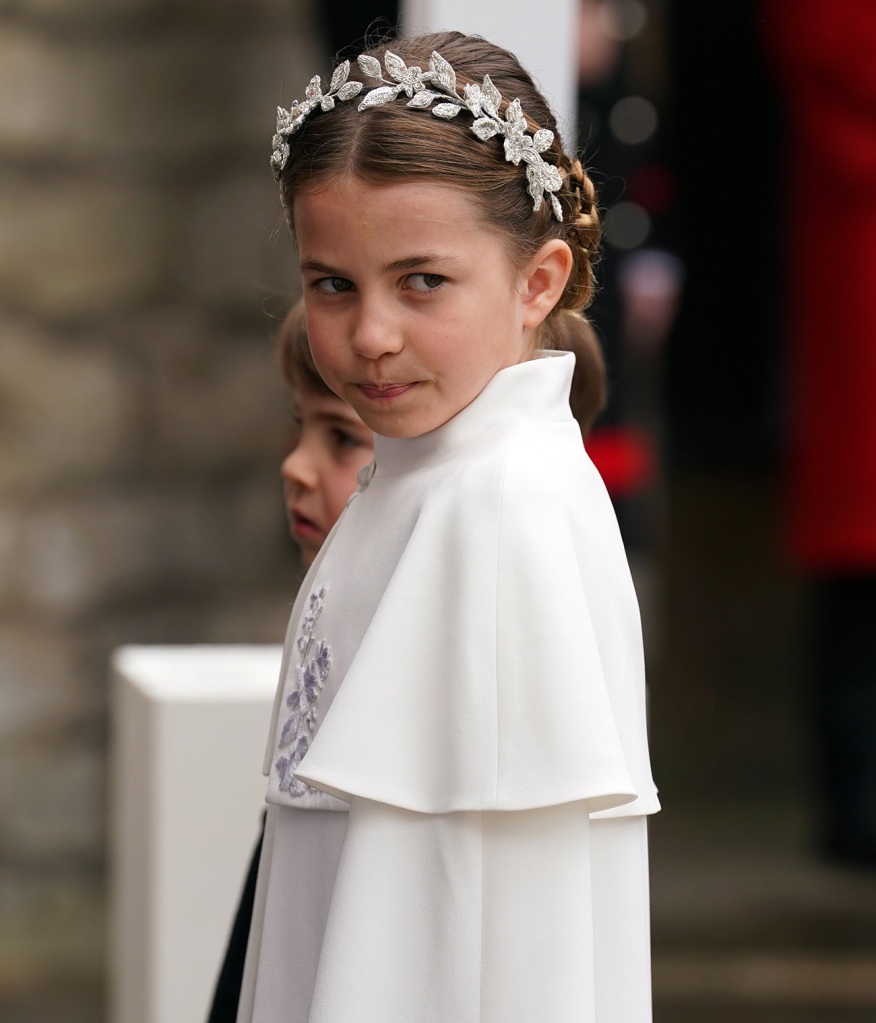 LONDON, ENGLAND - MAY 6: Princess Charlotte and Prince Louis arriving at Westminster Abbey, central London, ahead of the coronation ceremony of King Charles III and Queen Camilla on May 6, 2023 in London, England. The Coronation of Charles III and his wife, Camilla, as King and Queen of the United Kingdom of Great Britain and Northern Ireland, and the other Commonwealth realms takes place at Westminster Abbey today. Charles acceded to the throne on 8 September 2022, upon the death of his mother, Elizabeth II. (Photo by Andrew Milligan - WPA Pool/Getty Images)