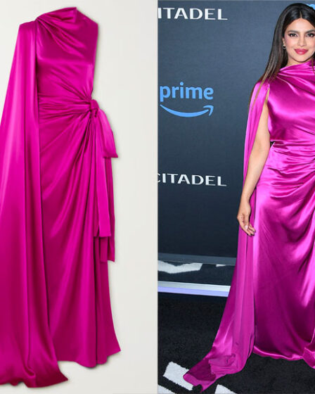 Priyanka Chopra's Roksanda Cape-Effect Open-Back Draped Silk-Satin Maxi Gown