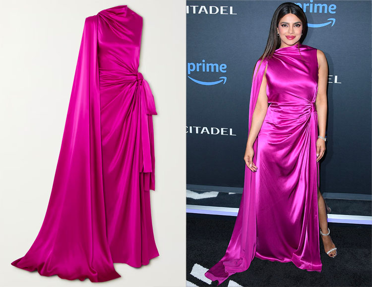 Priyanka Chopra's Roksanda Cape-Effect Open-Back Draped Silk-Satin Maxi Gown