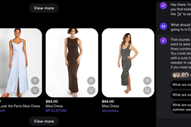 The left side of the screen shows images of maxi dresses and on the right the chatbot suggests wearing something "comfortable and stylish."