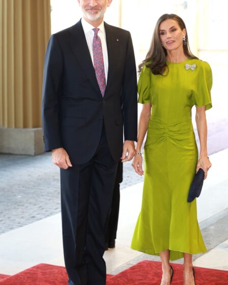 King Felipe VI and Queen Letizia of Spain attend the Coronation Reception for overseas guests at Buckingham Palace on May 05, 2023, victoria beckham dress, pointy pumps, queen letizia style
