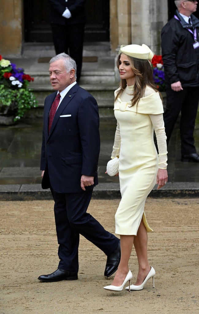 King Abdullah II of Jordan and Queen Rania arrive to attend the Coronation of King Charles III and Queen Camilla on May 6, 2023