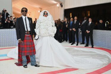 Barbadian singer Rihanna and her partner ASAP Rocky arrive for the 2023 Met Gala at the Metropolitan Museum of Art on...