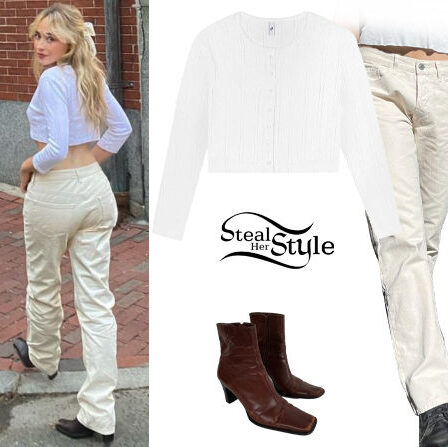 Sabrina Carpenter: White Top, Beige Jeans