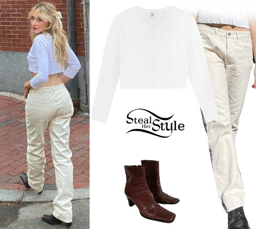 Sabrina Carpenter: White Top, Beige Jeans