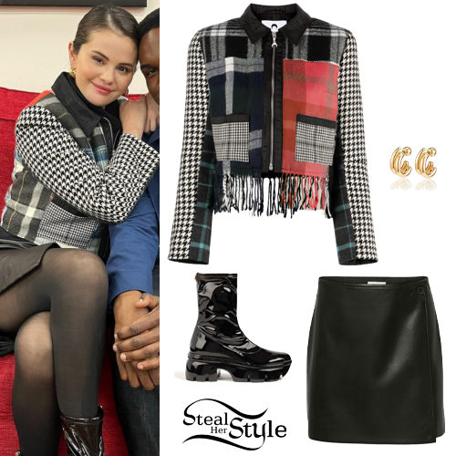 Selena Gomez: Tartan Jacket, Leather Skirt - Fashnfly