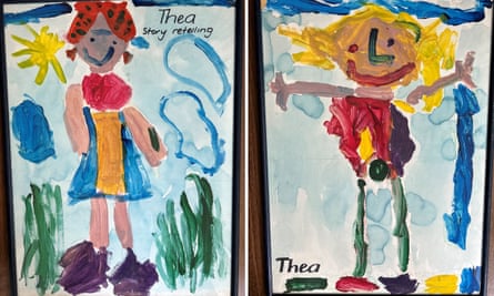 Side-by-side composite of paintings by Jenny Brockie’s daughter in her first week of primary school, Mrs Wishy-Washy and The belly button fisherman