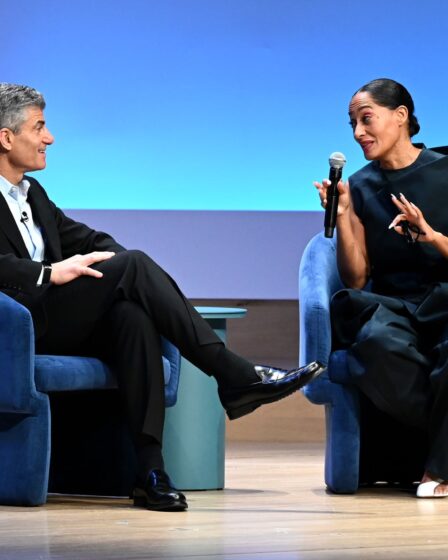 NEW YORK, NEW YORK - MAY 01: Alan Moss and Tracee Ellis Ross speaks onstage at Amazon NewFronts 2023 at David Geffen Hall on May 01, 2023 in New York City. (Photo by Slaven Vlasic/Getty Images for Amazon)