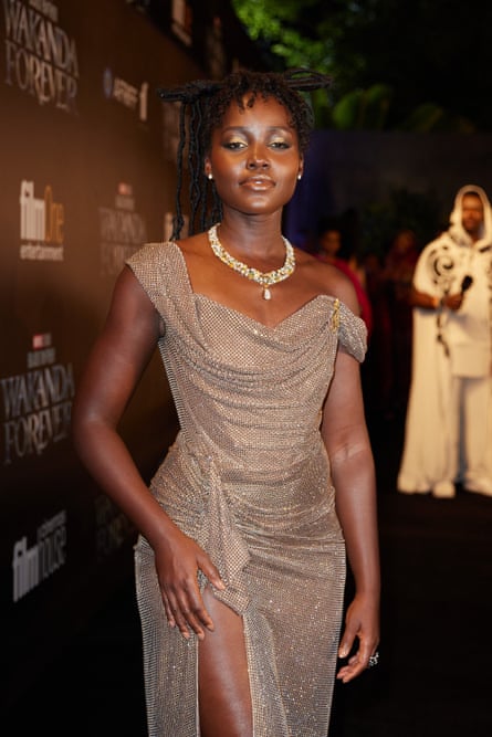 Lupita Nyong’o wearing custom Vivienne Westwood couture at the Black Panther: Wakanda Forever premiere in Lagos, Nigeria, in November.