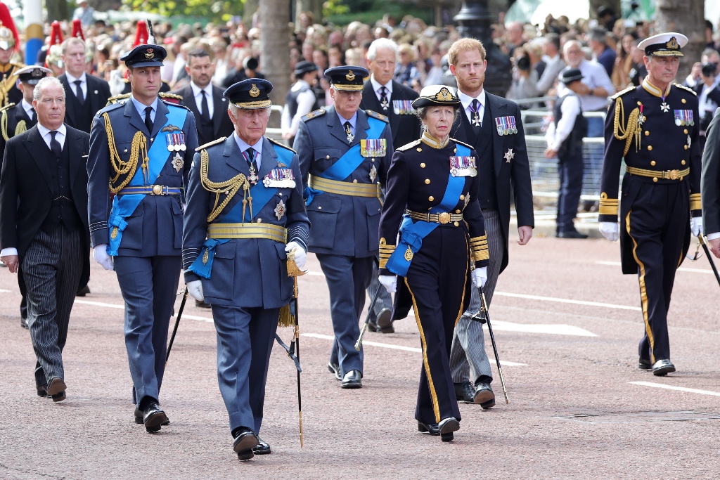 Princess Anne, Queen Elizabeth, Queen Elizabeth II, Queen's funeral, funeral, procession, UK, United Kingdom, royalty, royal family, royal military uniform, military uniform, boots, black boots, leather boots